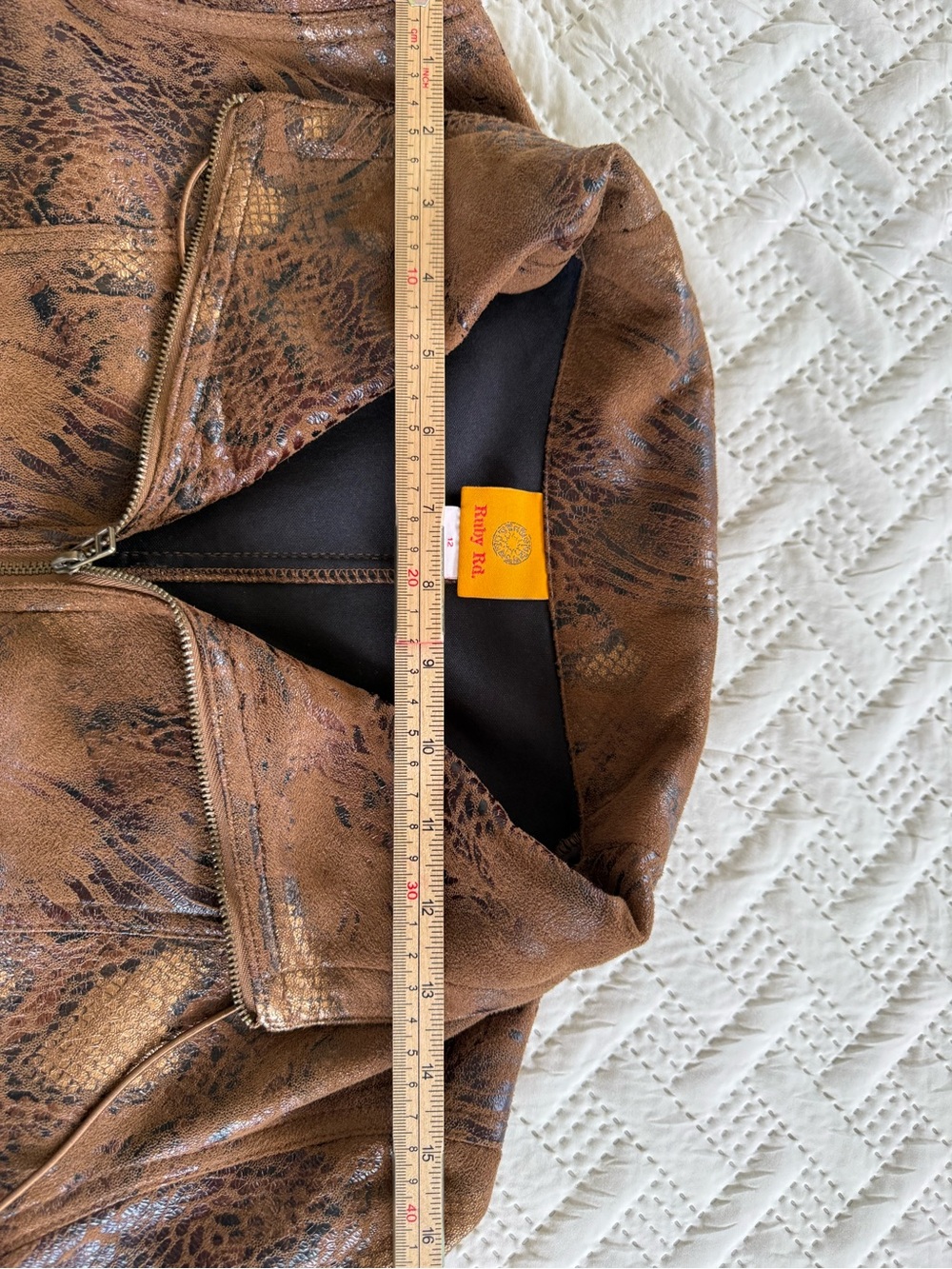Ruby Rd. Metallic Faux Brown leather Pattern Zip Jacket - Picture 8 of 10